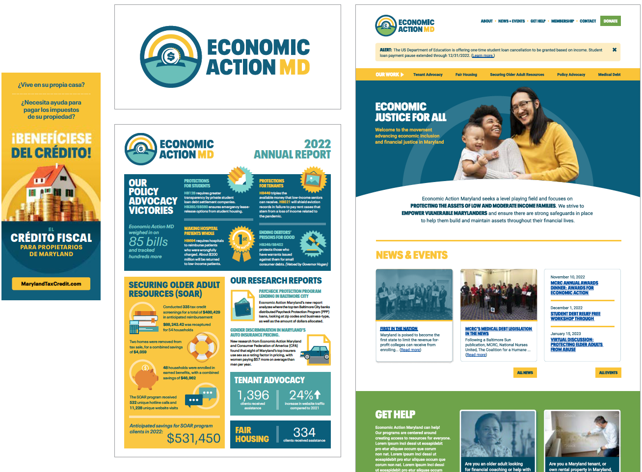 Examples of design for Economic Action Maryland, including a logo, website design, infographics and brochure